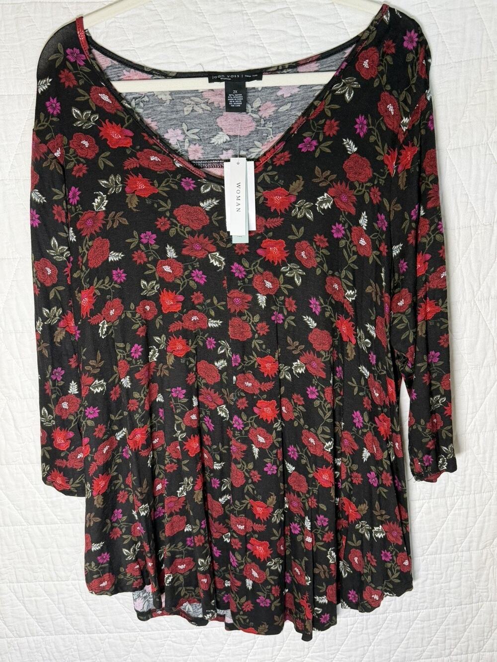 Joan Vass top tunic Plus Size 2X With 3/4 Sleeve Length pink black floral NWT